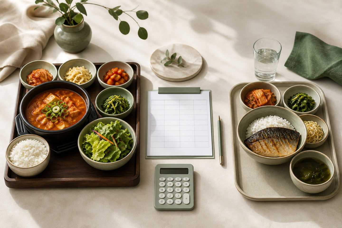 두 개의 외식 메뉴 카드와 영양성분 숫자를 같은 기준으로 옮겨 적는 비교 시트